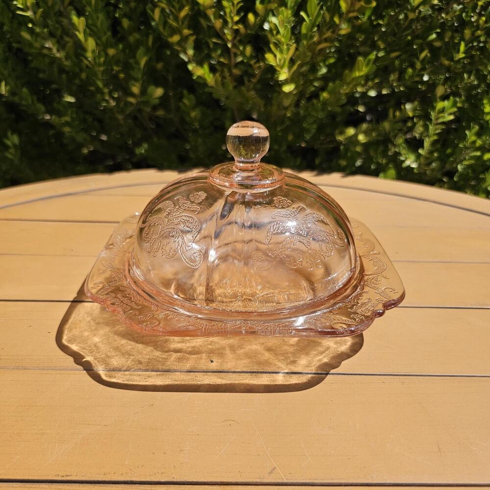 Vintage Indiana Glass Recollection Pink Glass Covered Butter Dish**FLAW**